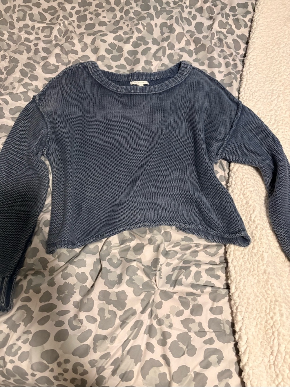 American Eagle Outfitters Slate Blue Cropped Crewneck Sweater